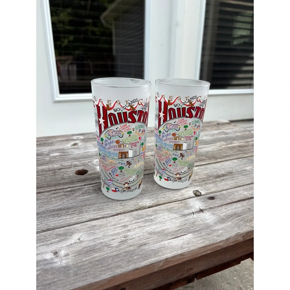 Set of 2 Houston Texas Frosted Highball Glasses City Map Souvenir Tumblers